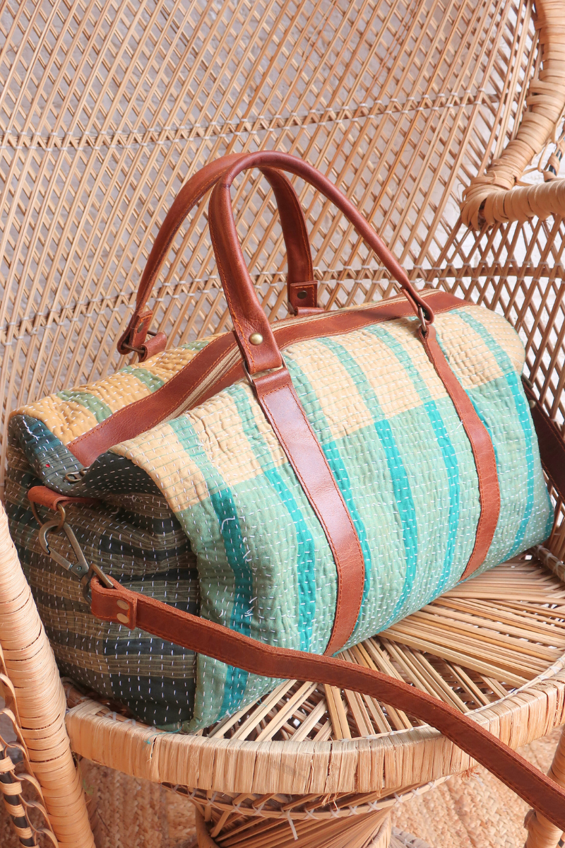 Vintage Kantha Holdall Bag in Turquoise & Sand