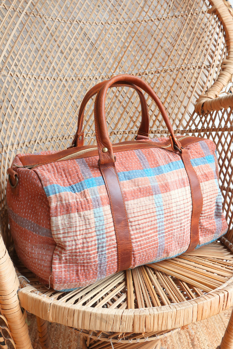 Vintage Kantha Holdall Bag in Pottery Plaid