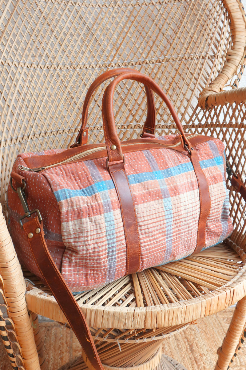 Vintage Kantha Holdall Bag in Pottery Plaid