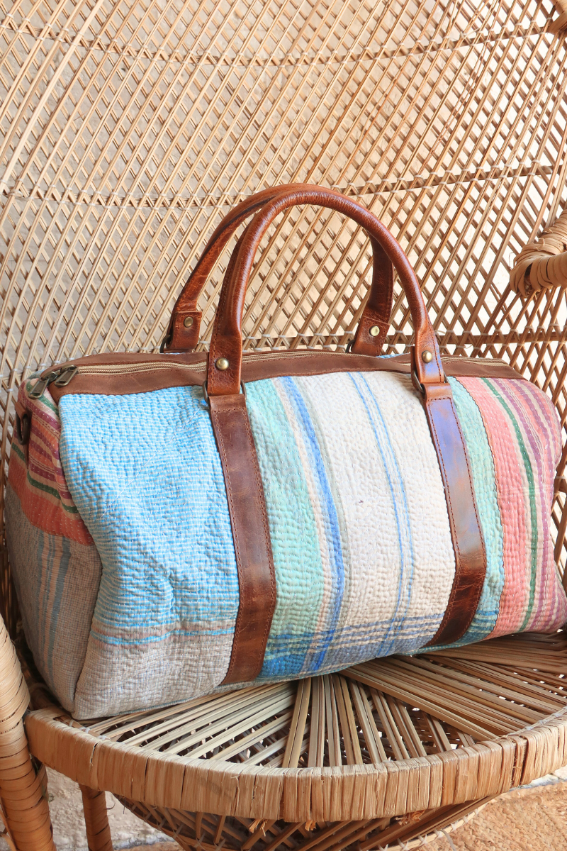 Vintage Kantha Holdall Bag in Sky Blue & Raspberry Ripple