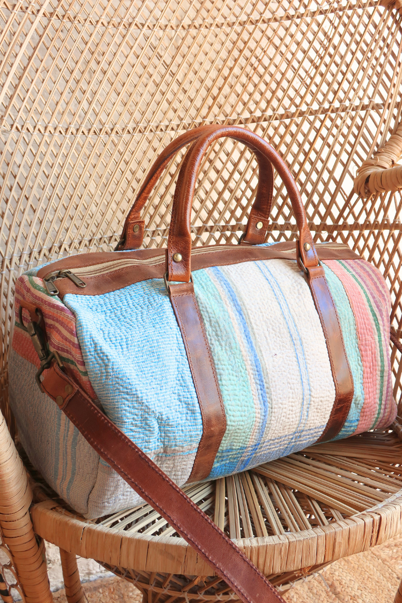 Vintage Kantha Holdall Bag in Sky Blue & Raspberry Ripple