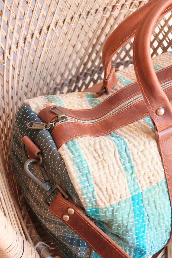 Vintage Kantha Holdall Bag in Honeydew & Sage