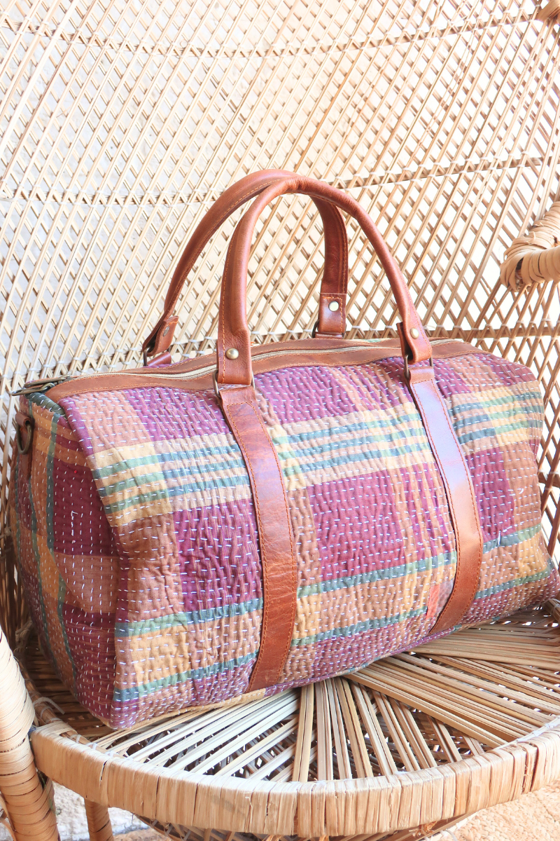 Vintage Kantha Holdall Bag in Rosewood, Amber & Jade Plaid