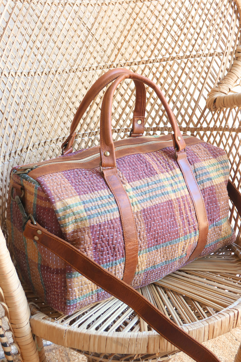 Vintage Kantha Holdall Bag in Rosewood, Amber & Jade Plaid