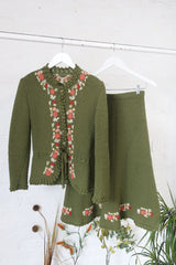 Vintage Knitted 2 Piece - Spring Up Green Floral Cardigan & Skirt - Size XXS by all about audrey