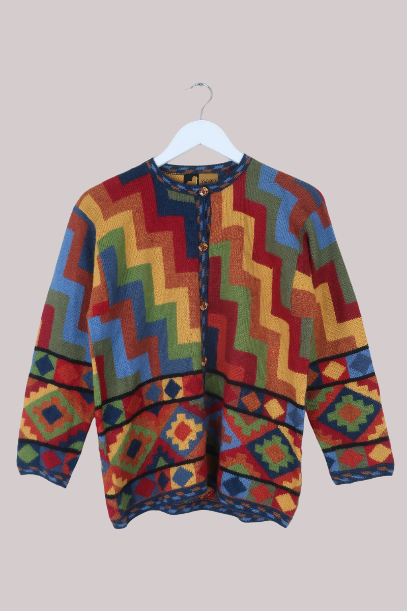 Vintage Knit Cardigan in 70s Paintbox Tiles - Size M