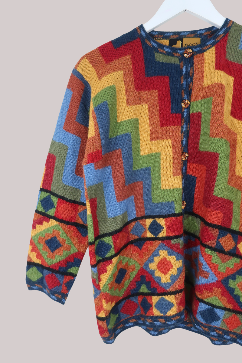 Vintage Knit Cardigan in 70s Paintbox Tiles - Size M