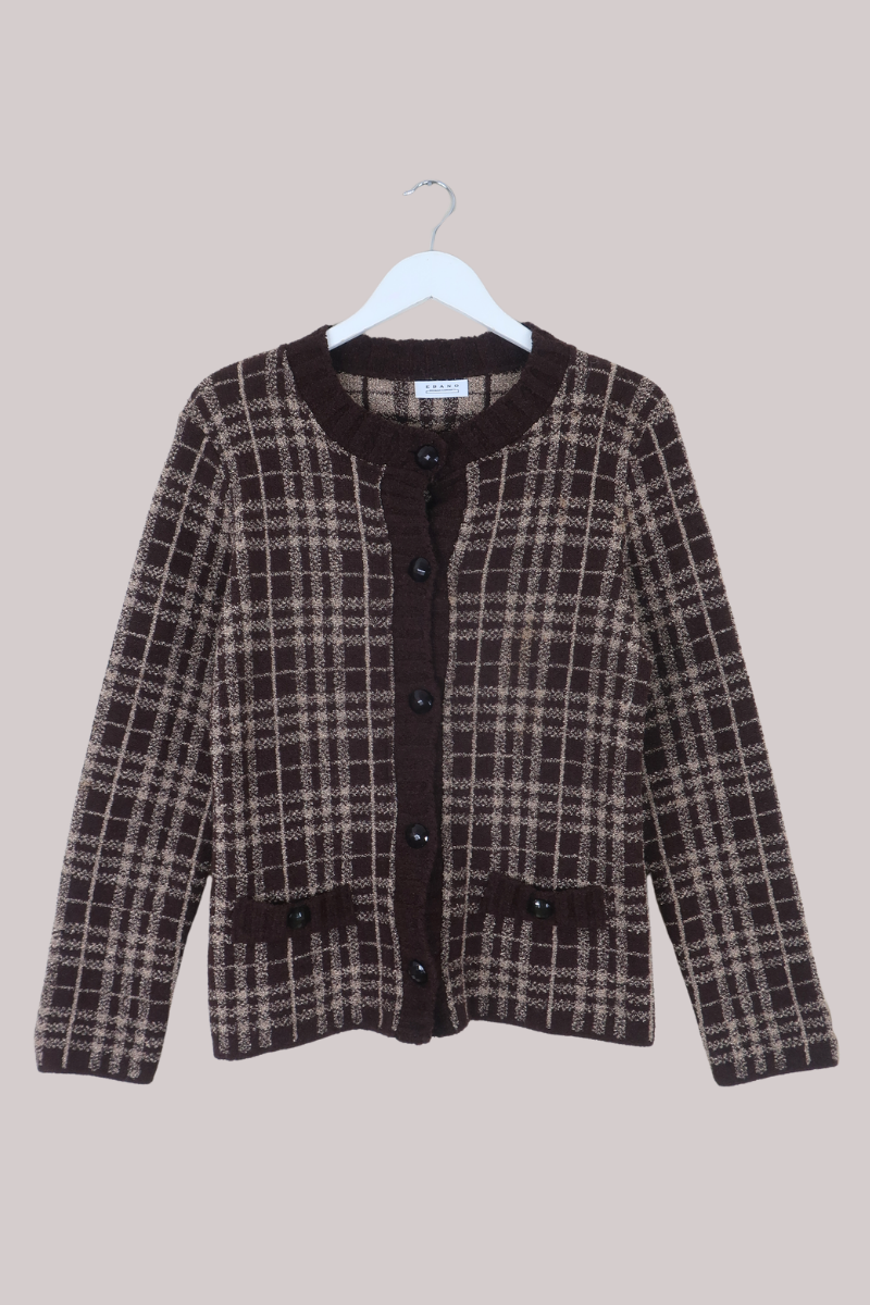 Vintage Knit Cardigan in Cappuccino Plaid - Size M