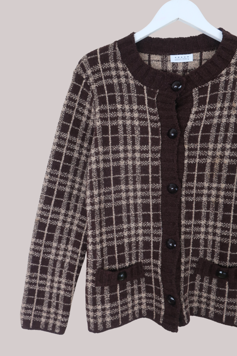 Vintage Knit Cardigan in Cappuccino Plaid - Size M