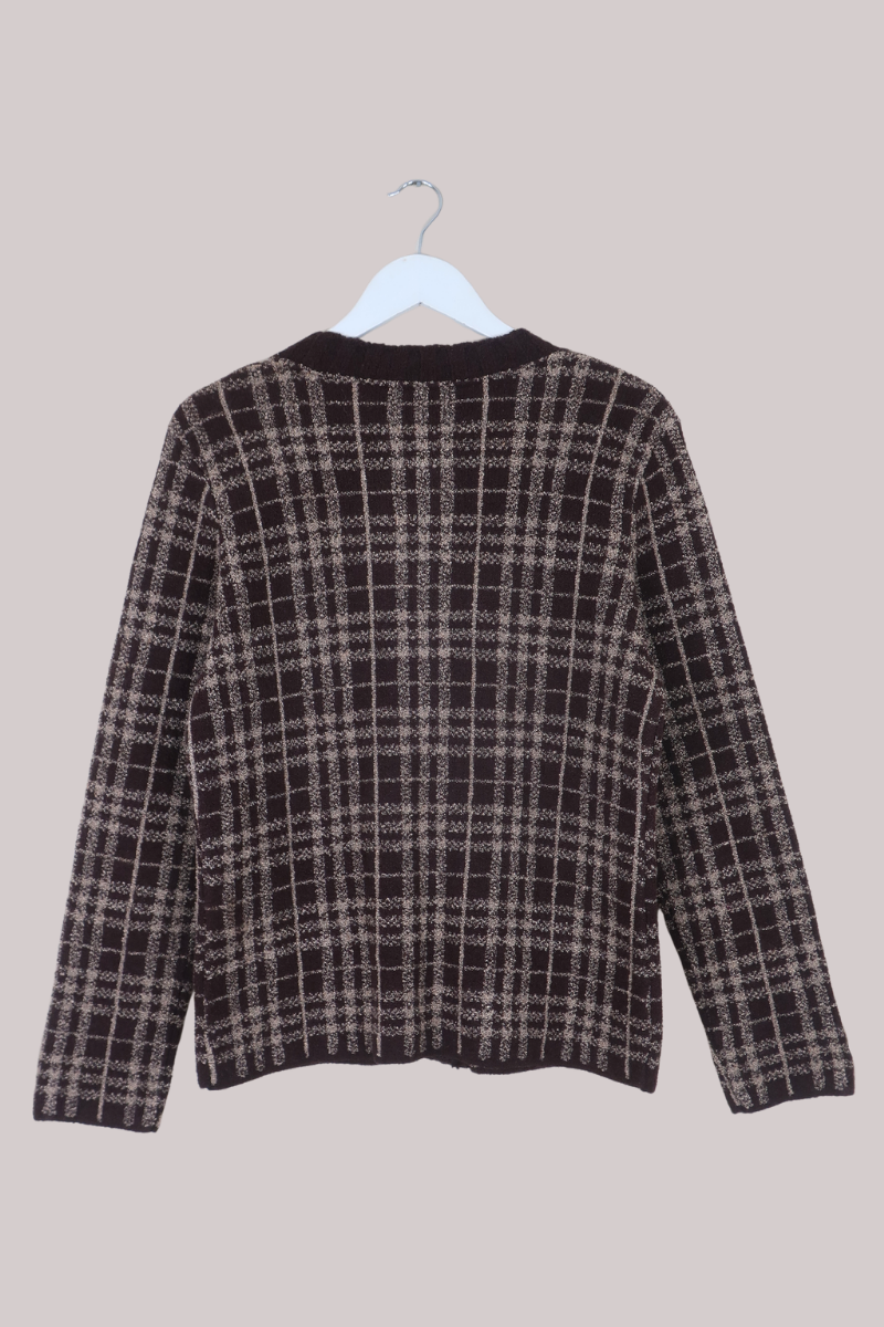 Vintage Knit Cardigan in Cappuccino Plaid - Size M