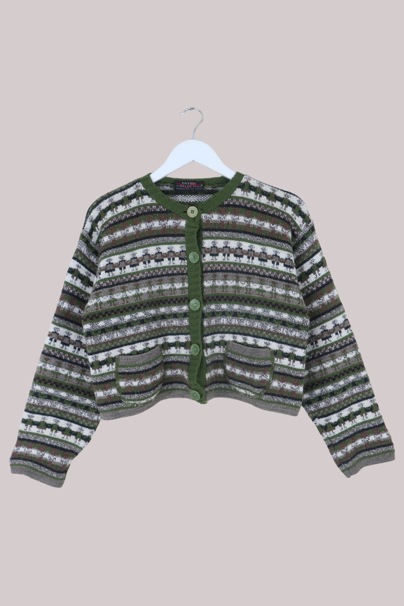 Vintage Knit Cardigan in Olive & Taupe - Size L