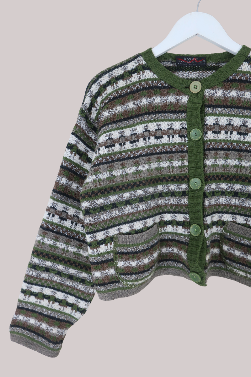 Vintage Knit Cardigan in Olive & Taupe - Size L