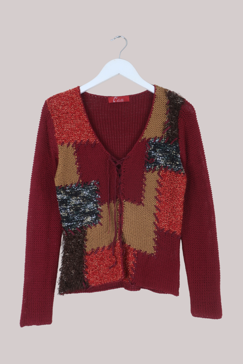 Vintage Knit Cardigan in Shabby Autumn Patchwork - Size S