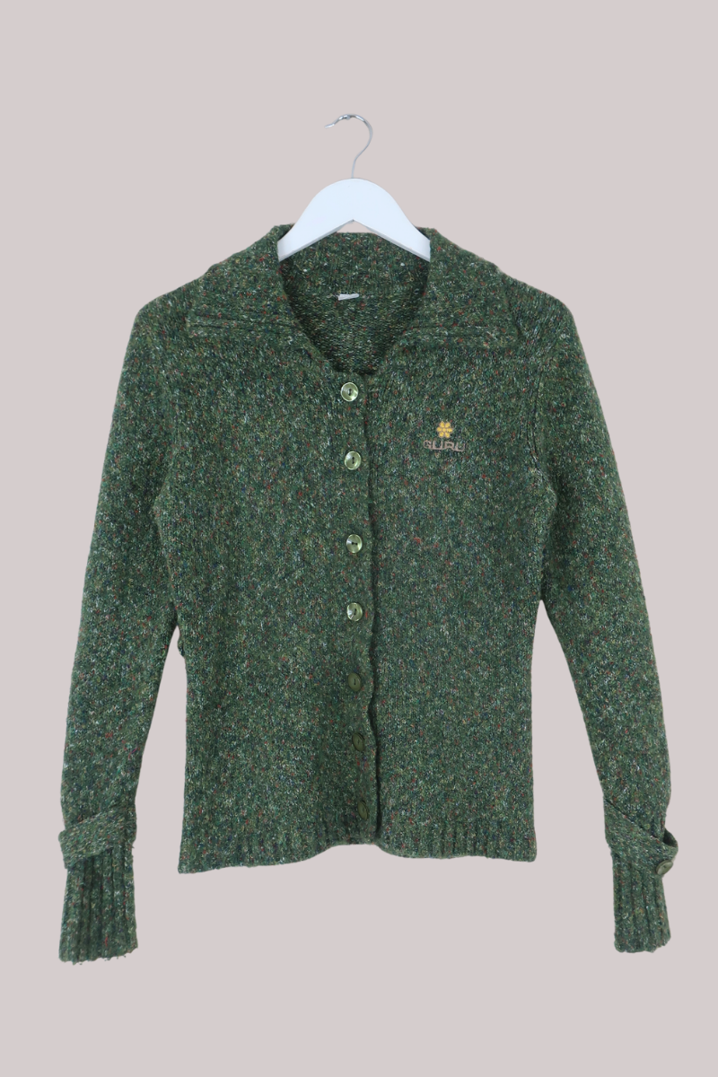Vintage Knit Cardigan in Speckled Olive Green - Size M