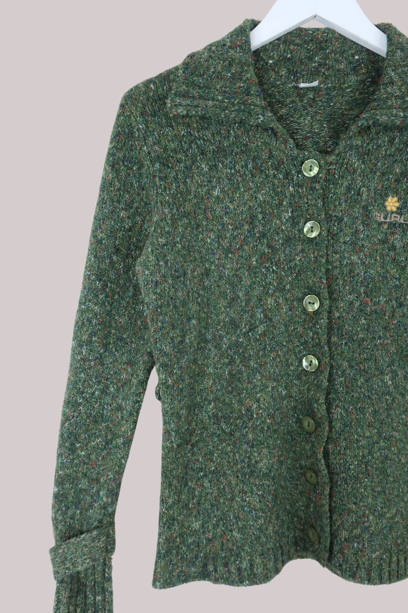 Vintage Knit Cardigan in Speckled Olive Green - Size M