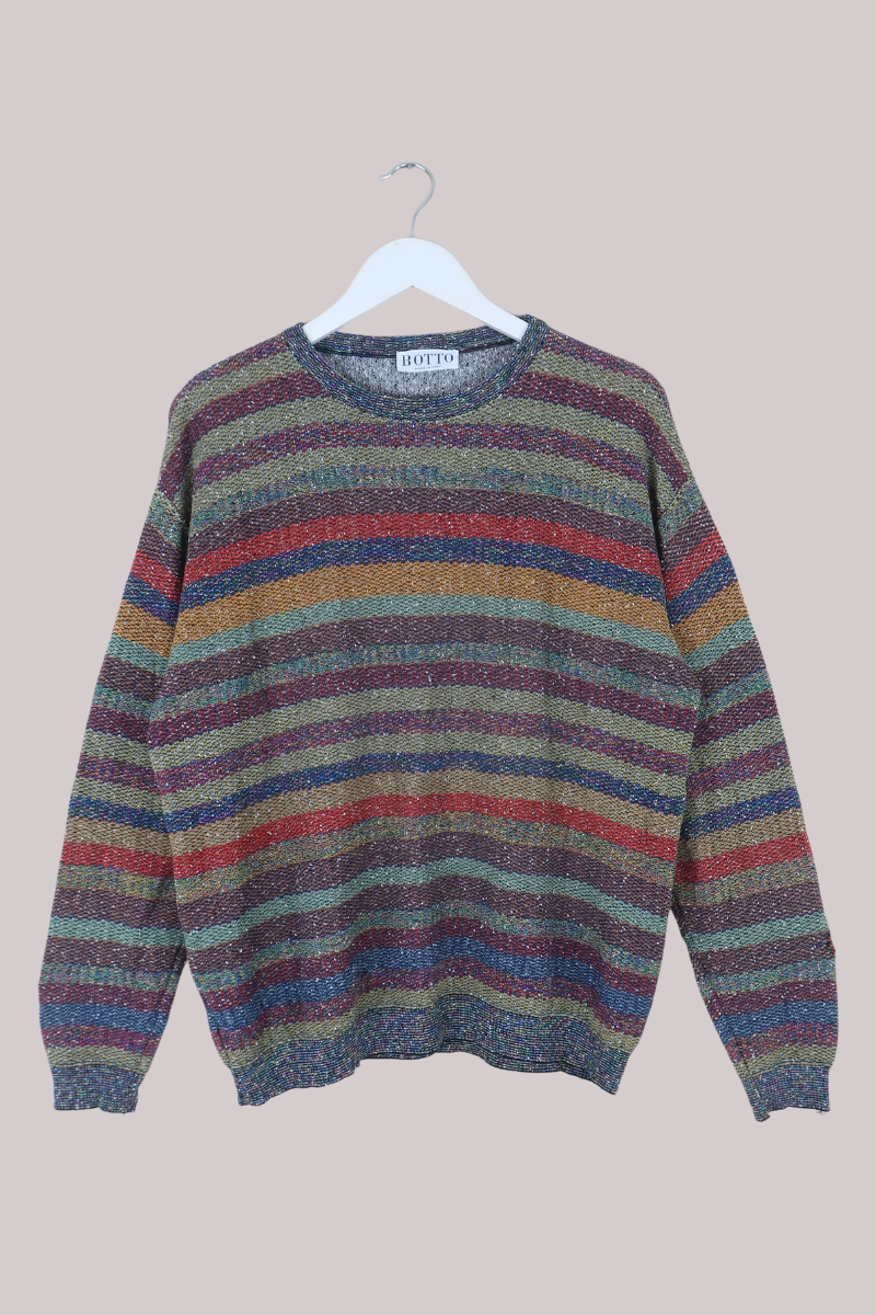 Vintage Knit Jumper in 80s Technicolour Stripe - Size L