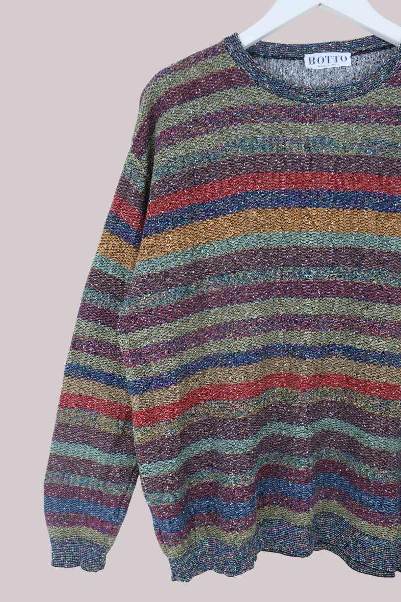 Vintage Knit Jumper in 80s Technicolour Stripe - Size L