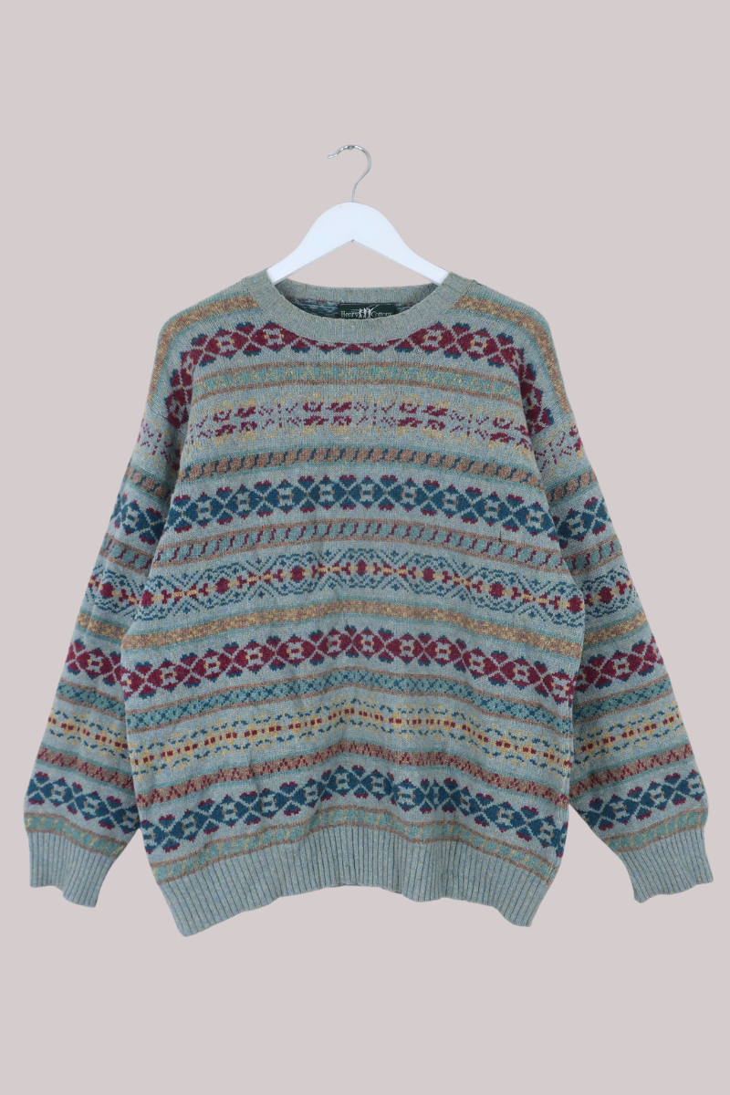 Vintage Knit Jumper in Chalk Blue Fair Isle - Size L
