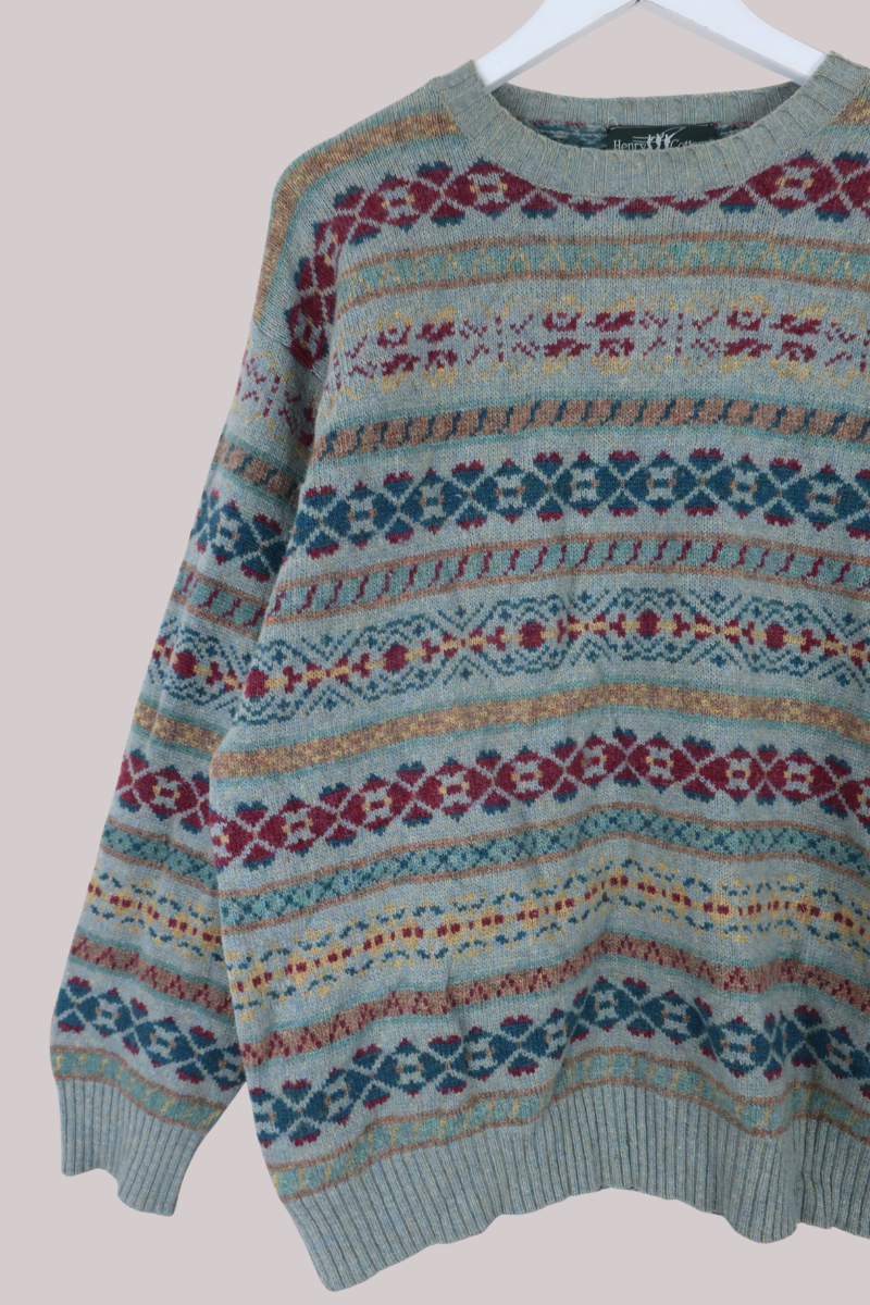 Vintage Knit Jumper in Chalk Blue Fair Isle - Size L