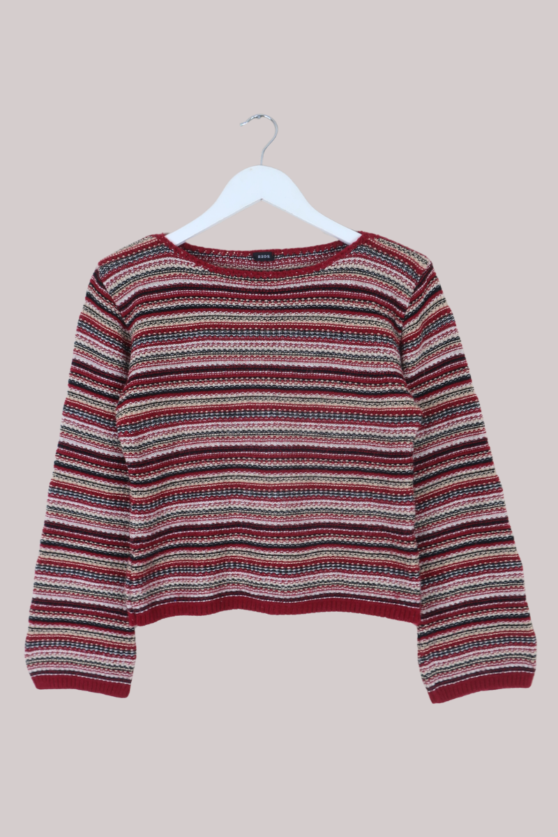 Vintage Knit Jumper in Cranberry Red Stripes - Size XS