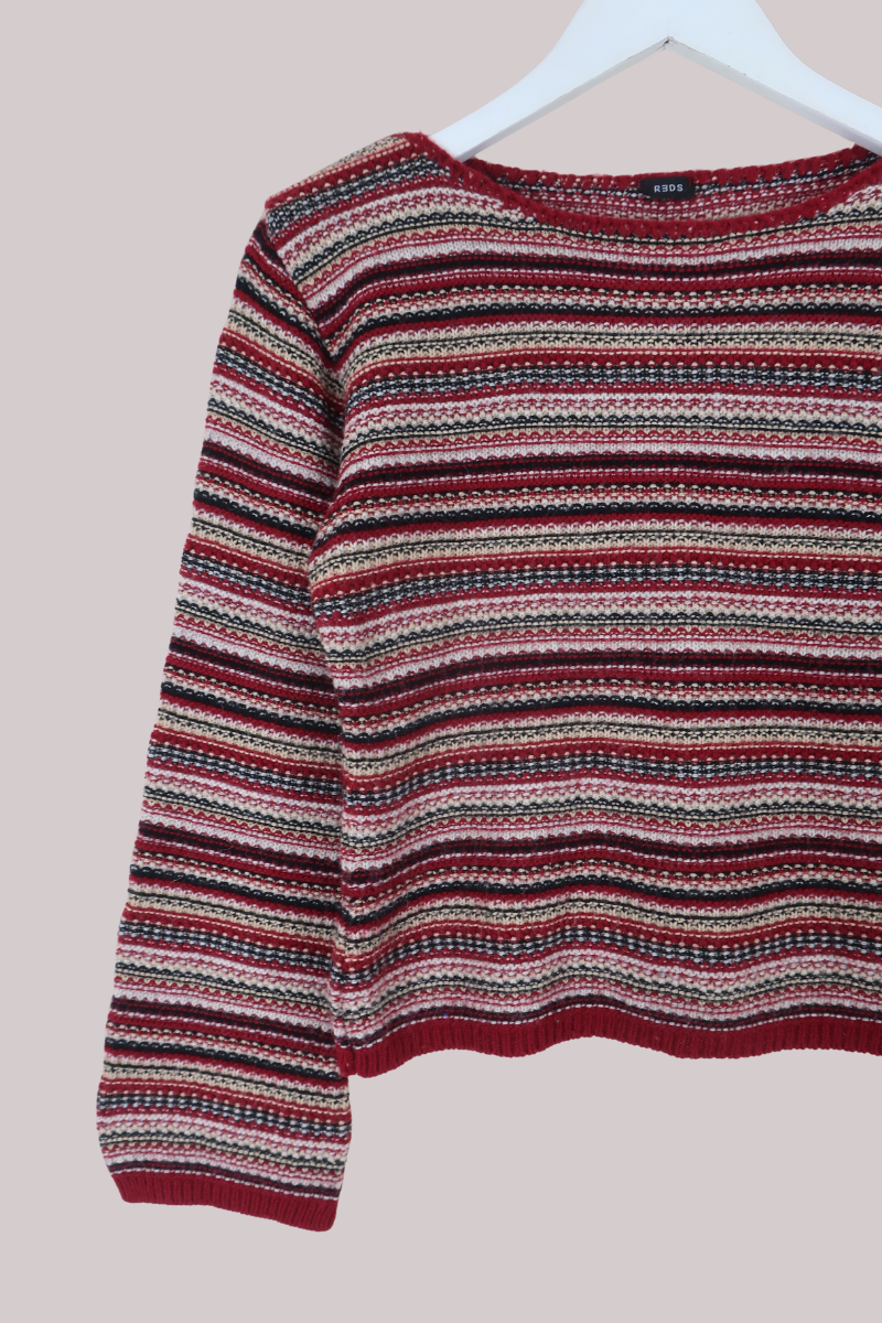 Vintage Knit Jumper in Cranberry Red Stripes - Size XS