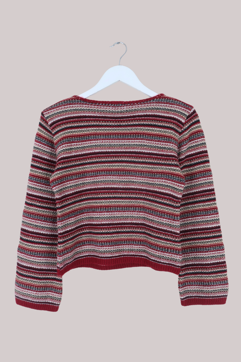 Vintage Knit Jumper in Cranberry Red Stripes - Size XS
