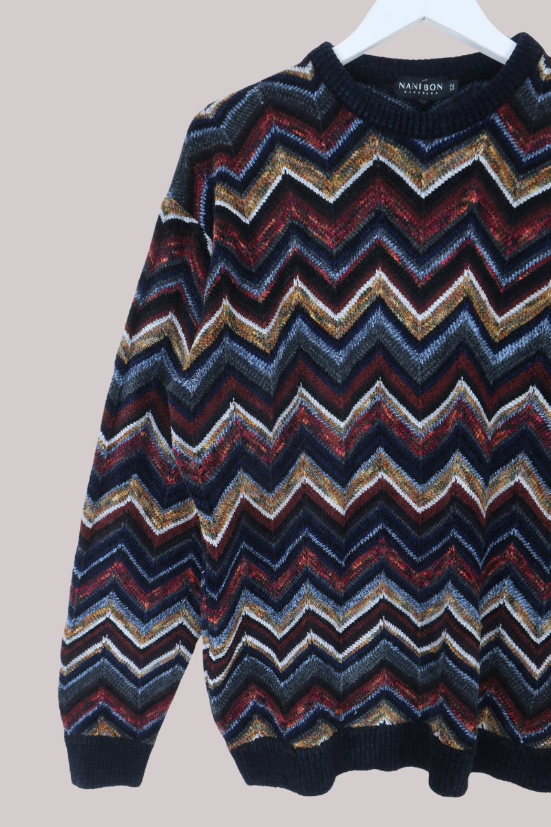 Vintage Knit Jumper in Gemstone Zigzags - Size L