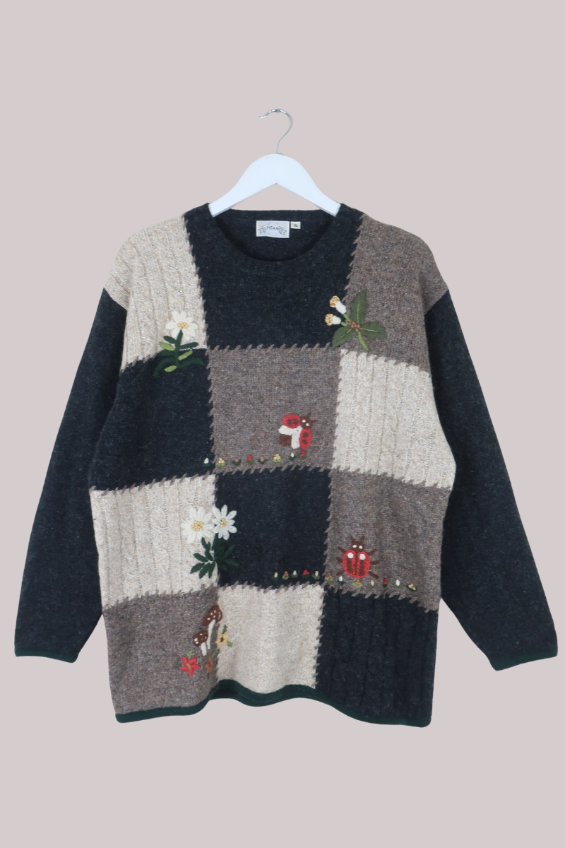 Vintage Knit Jumper in Ladybug Chess Board - Size XL
