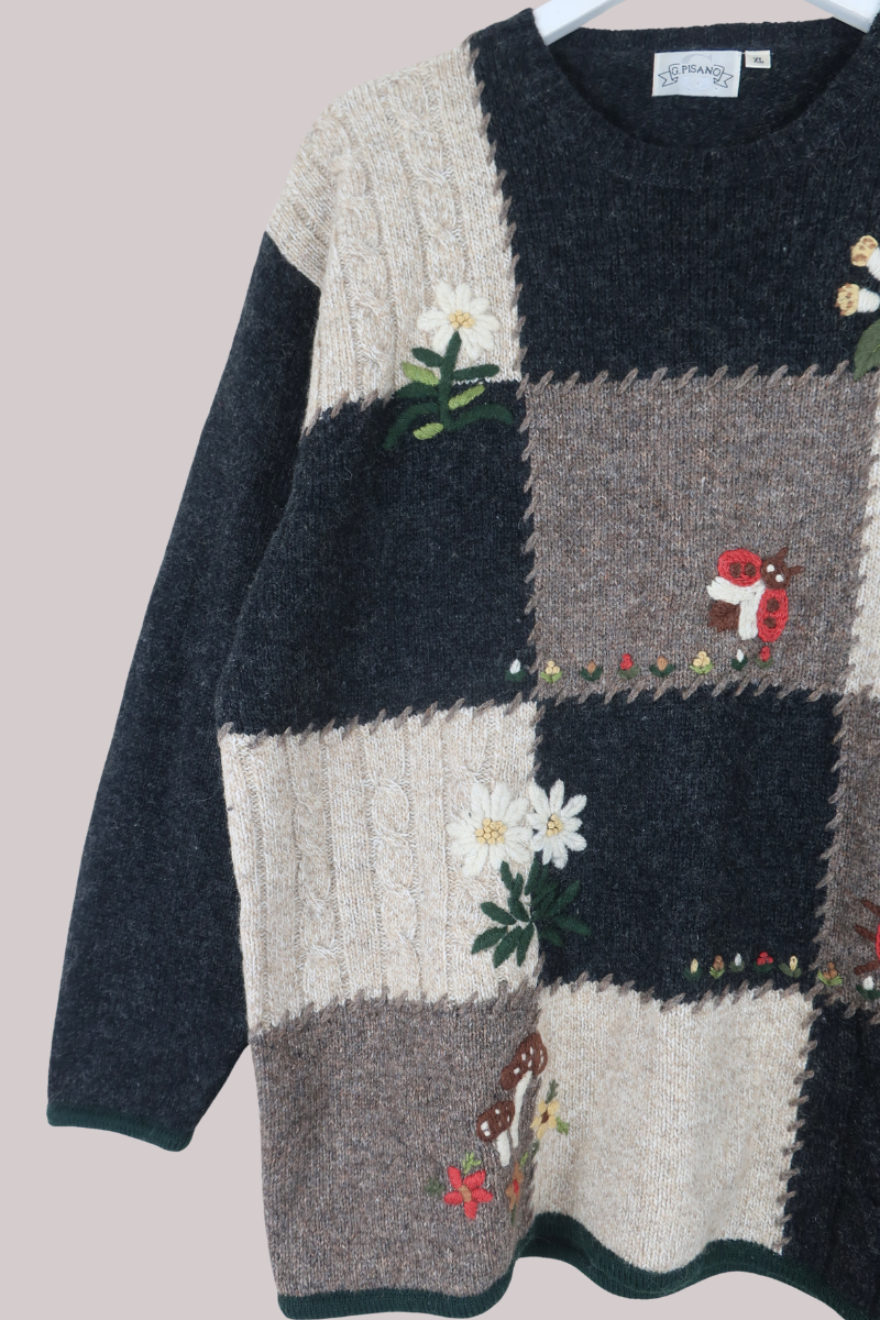 Vintage Knit Jumper in Ladybug Chess Board - Size XL
