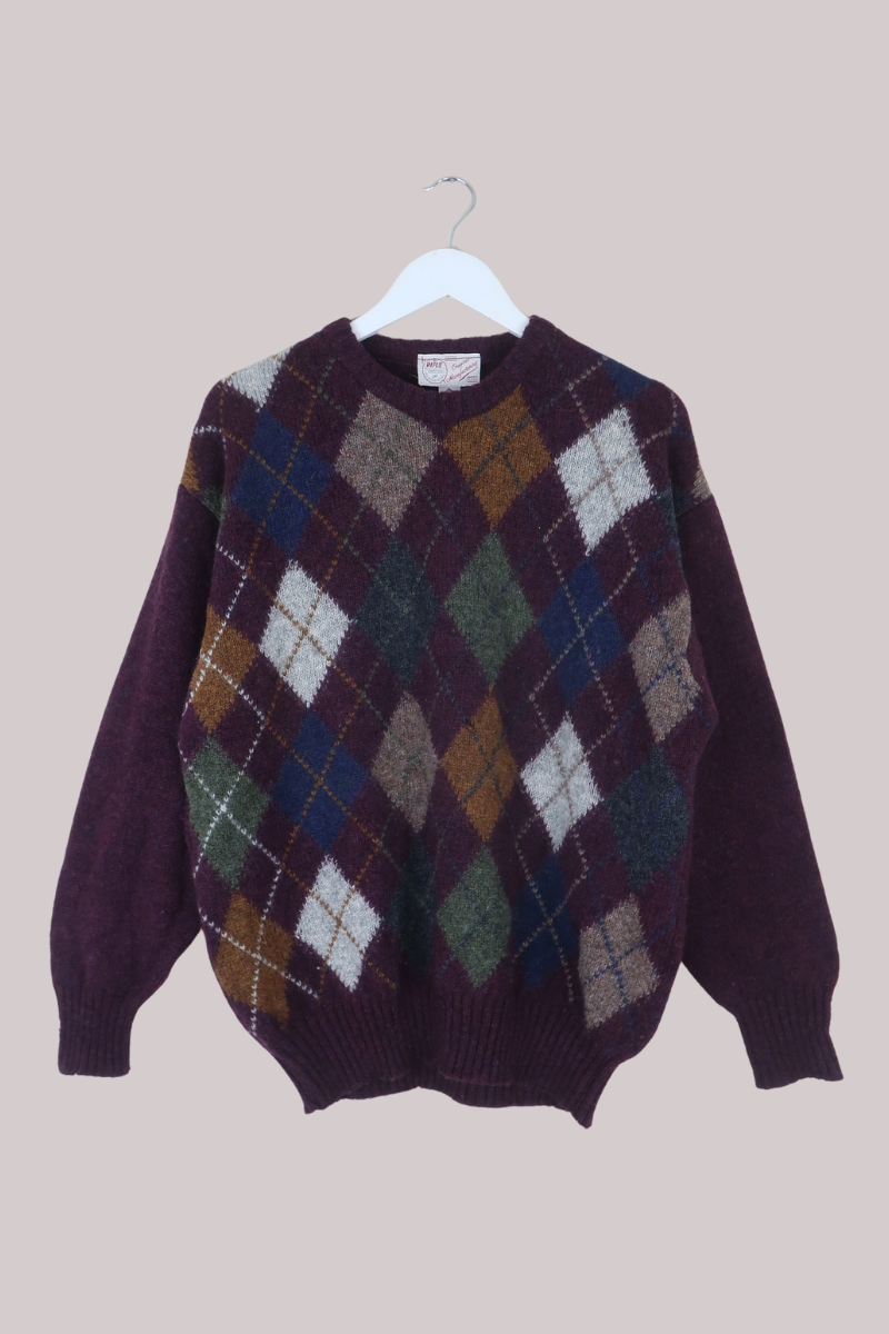 Vintage Knit Jumper in Plum Purple Argyle - Size L