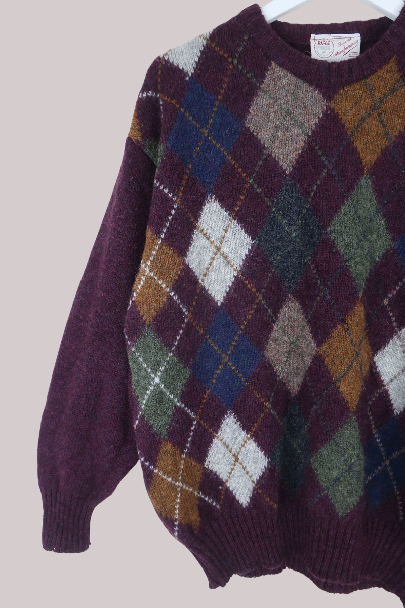 Vintage Knit Jumper in Plum Purple Argyle - Size L