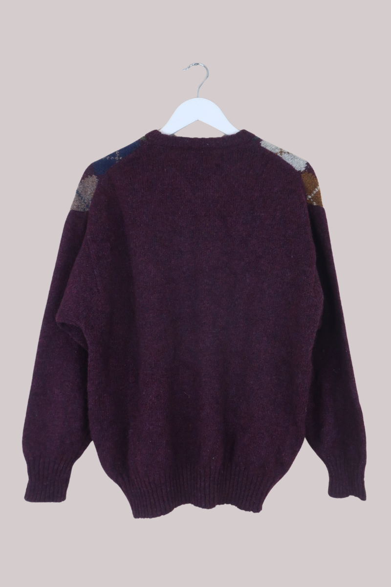 Vintage Knit Jumper in Plum Purple Argyle - Size L