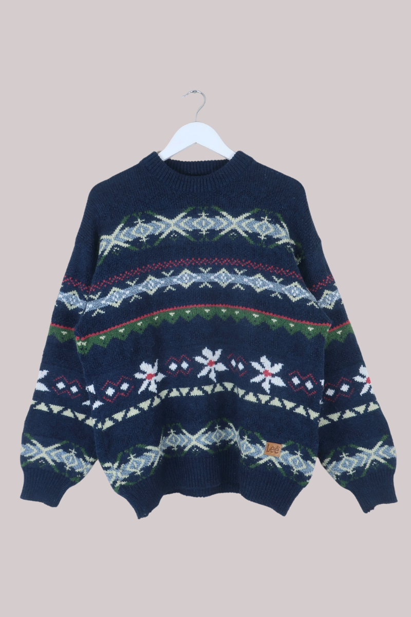 Vintage Knit Jumper in Winter Daisies - Size L