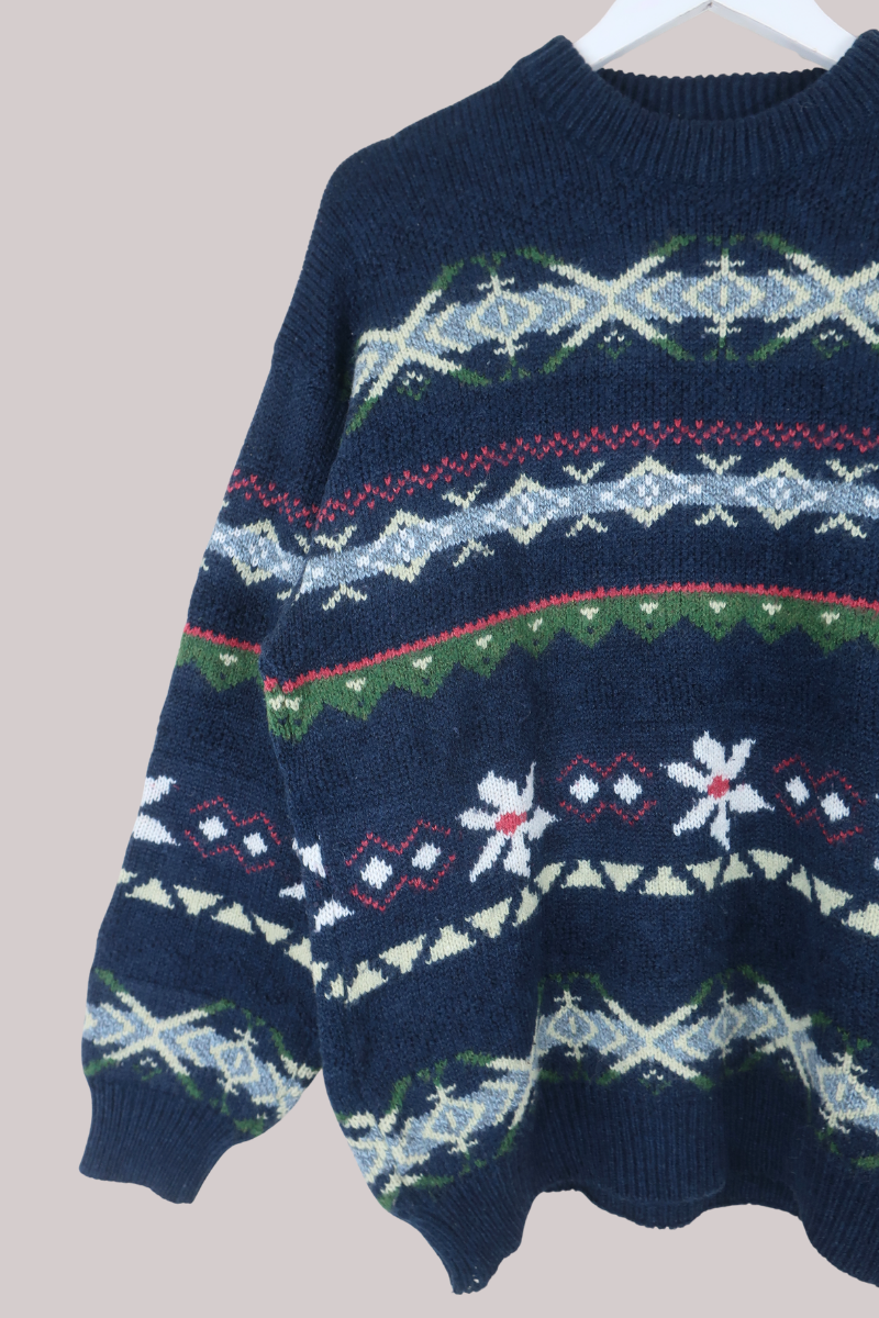 Vintage Knit Jumper in Winter Daisies - Size L
