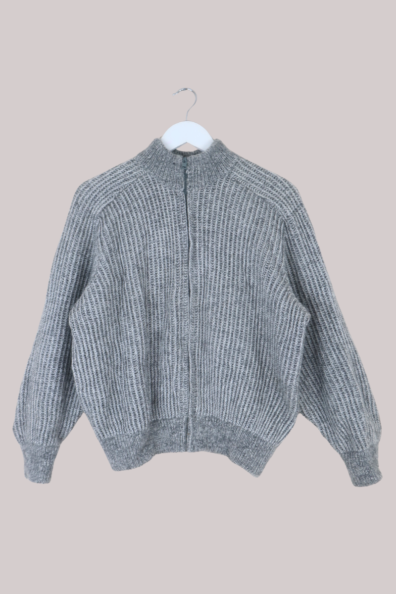 Vintage Knit Zip Up Jumper in Marl Grey - Size M