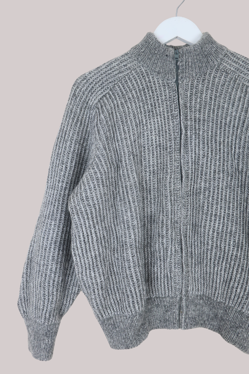 Vintage Knit Zip Up Jumper in Marl Grey - Size M