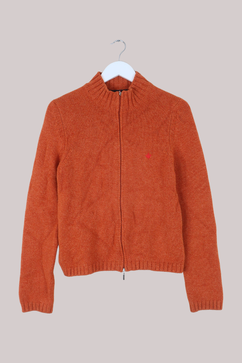 Vintage Knit Zip Up Jumper in Mulled Orange - Size S