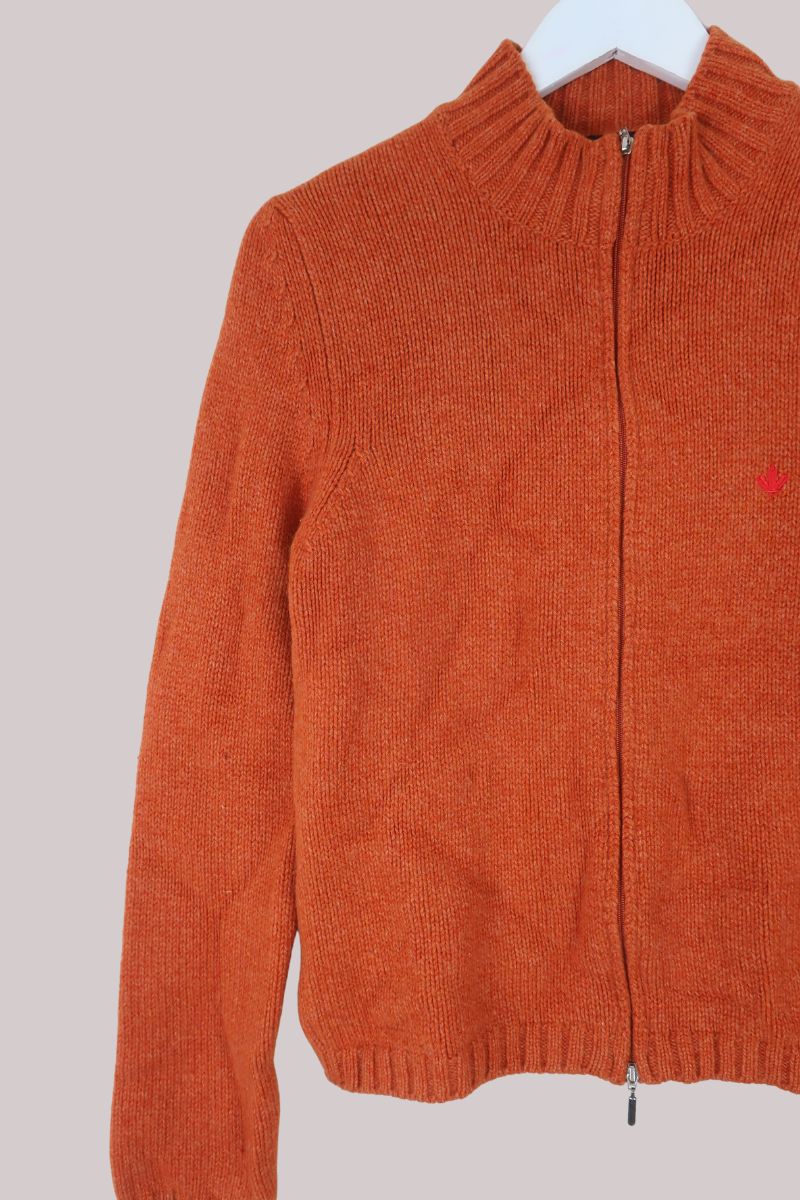 Vintage Knit Zip Up Jumper in Mulled Orange - Size S