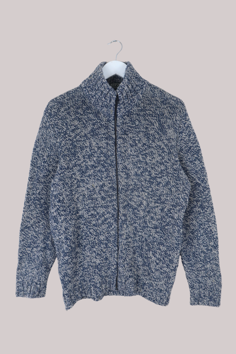 Vintage Knit Zip Up Jumper in Rain Cloud Blue - Size L