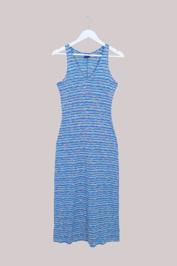 Vintage 90s Maxi Dress - Blue Rainbow Ribbed Jersey Knit - Size XS-S by All About Audrey