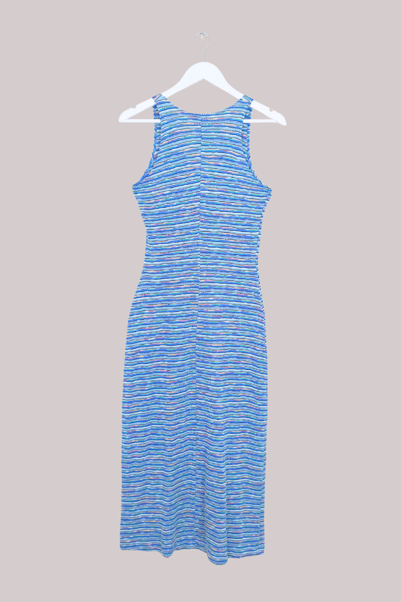 Vintage 90s Maxi Dress - Blue Rainbow Ribbed Jersey Knit - Size XS-S by All About Audrey