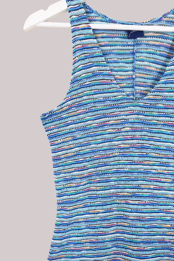 Vintage 90s Maxi Dress - Blue Rainbow Ribbed Jersey Knit - Size XS-S by All About Audrey