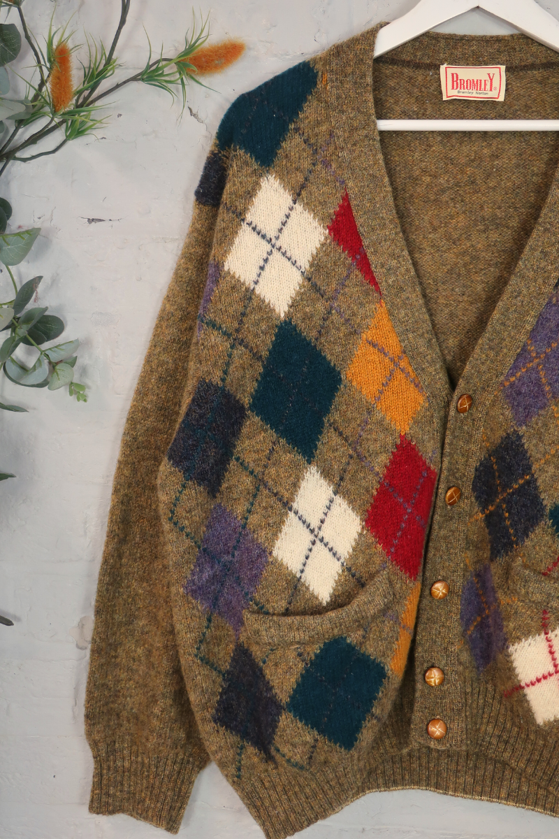 Vintage Knit Cardigan - Bromley Argyle Tartan - Size L