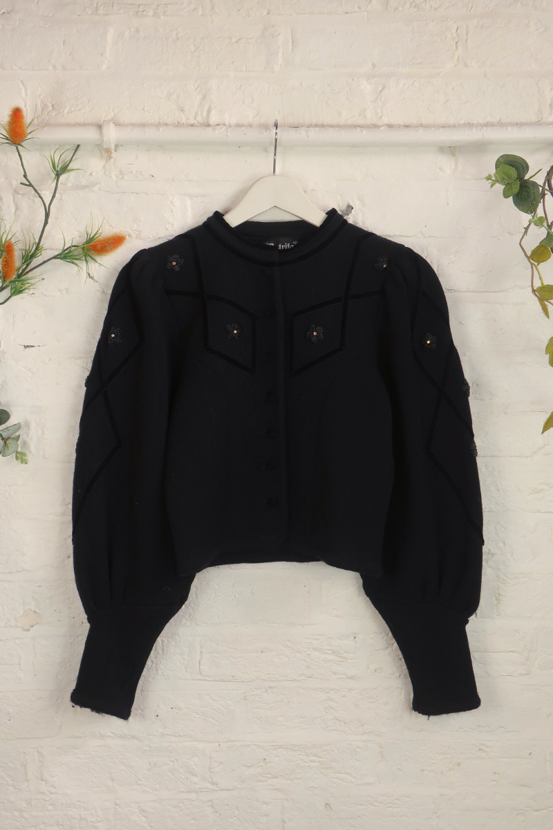 Vintage Knit Cardigan - Pitch Black Daisies - Size S/M
