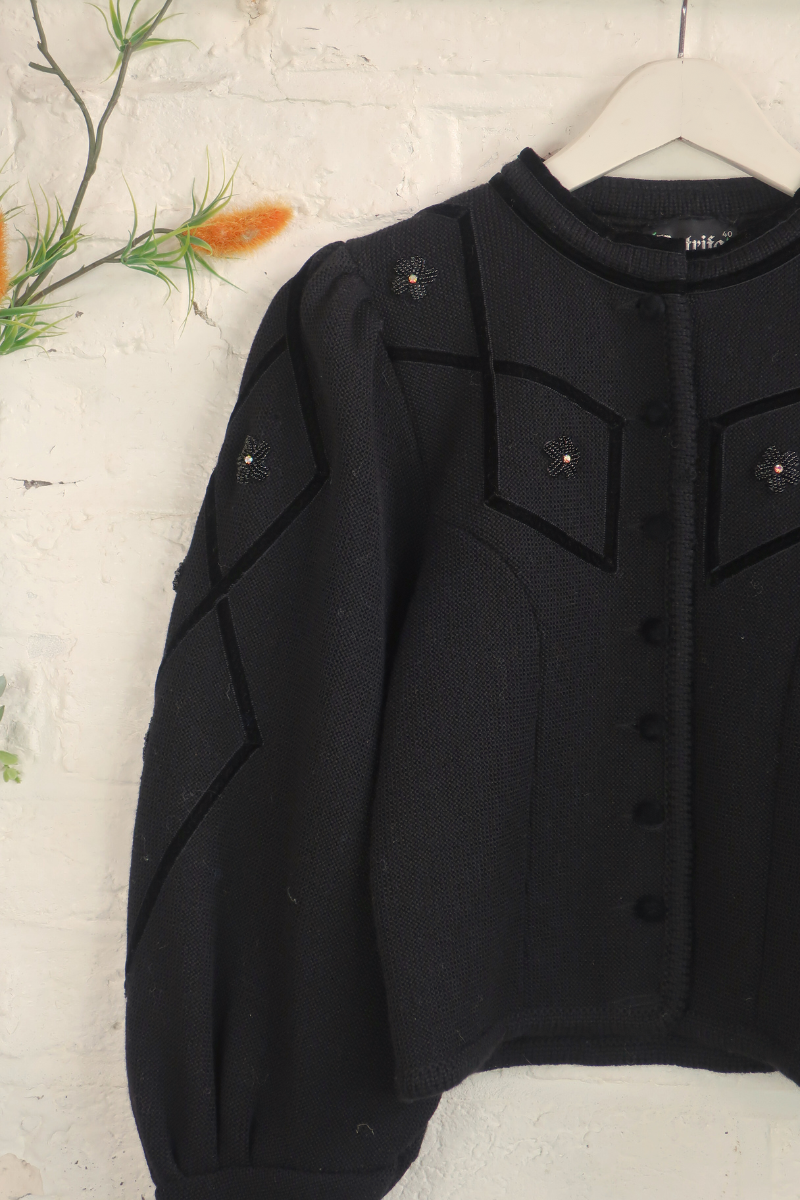 Vintage Knit Cardigan - Pitch Black Daisies - Size S/M