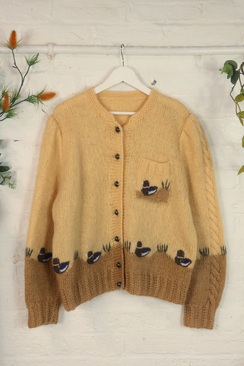Vintage Knit Cardigan - Butter Yellow Ducklings - Size L