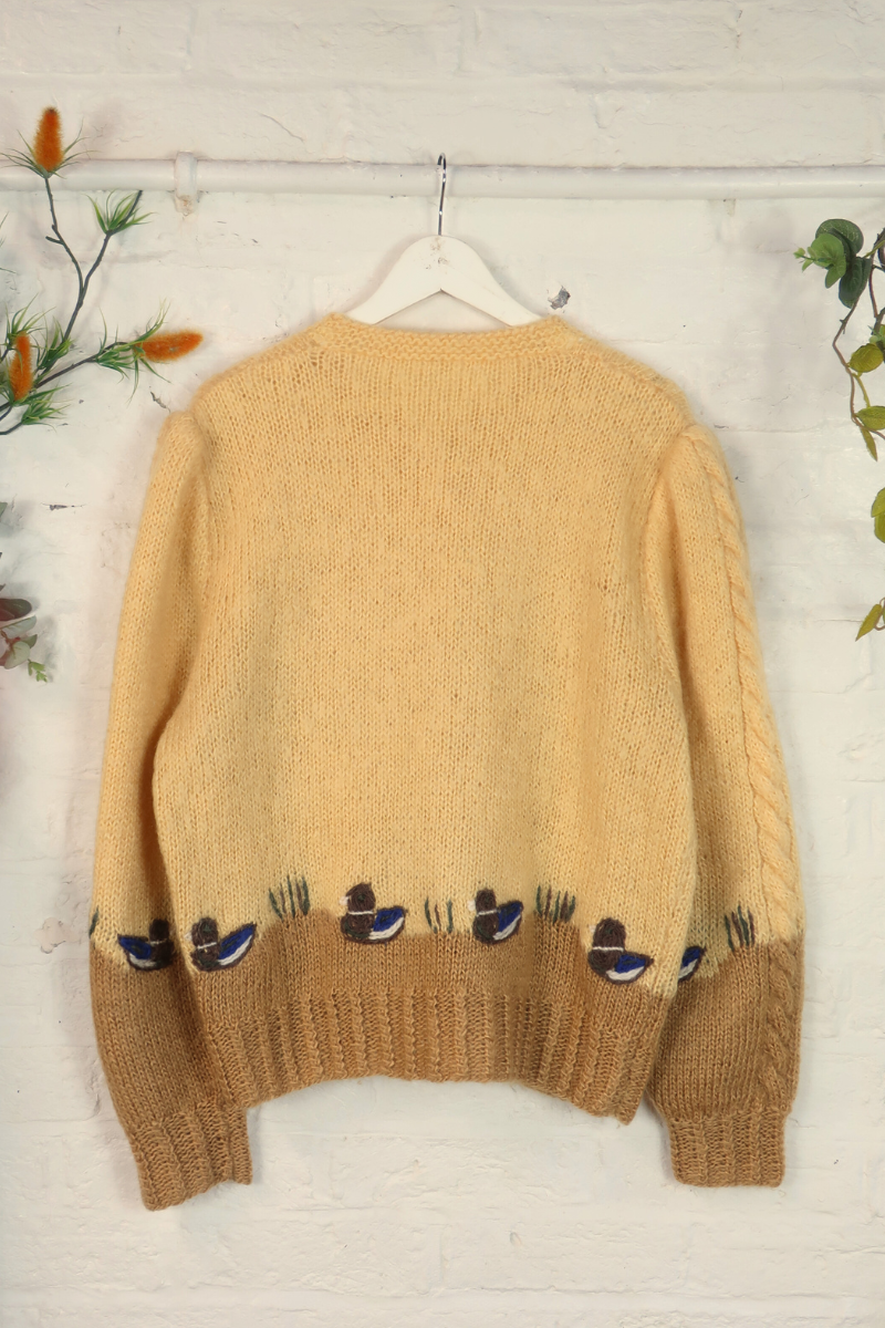 Vintage Knit Cardigan - Butter Yellow Ducklings - Size L