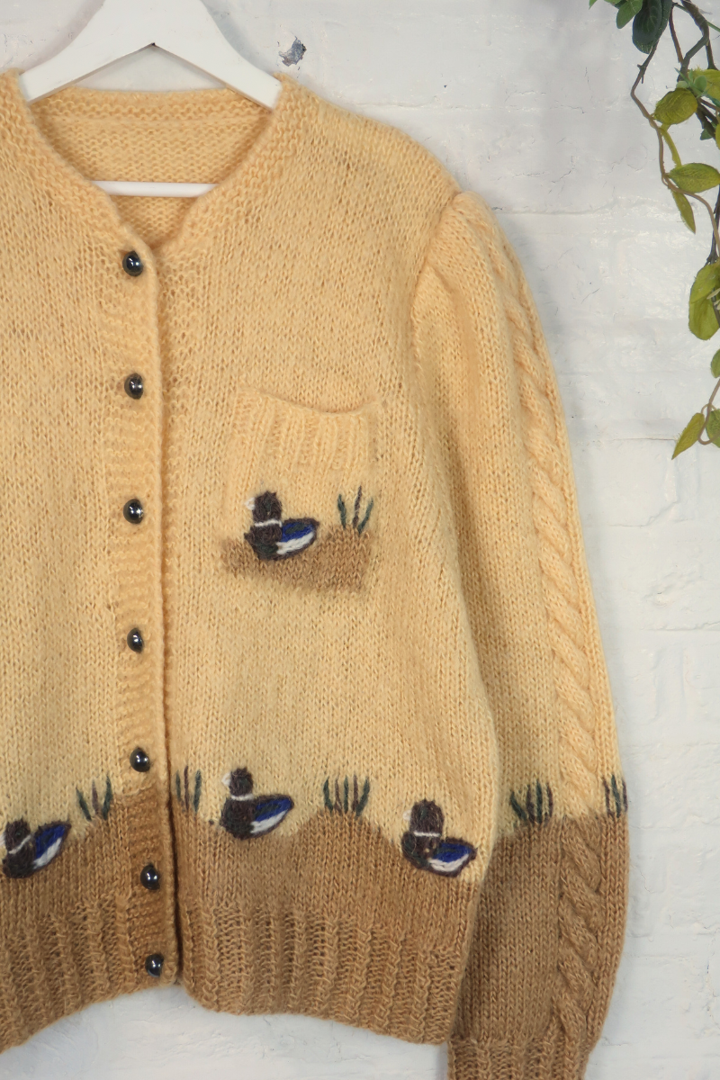 Vintage Knit Cardigan - Butter Yellow Ducklings - Size L