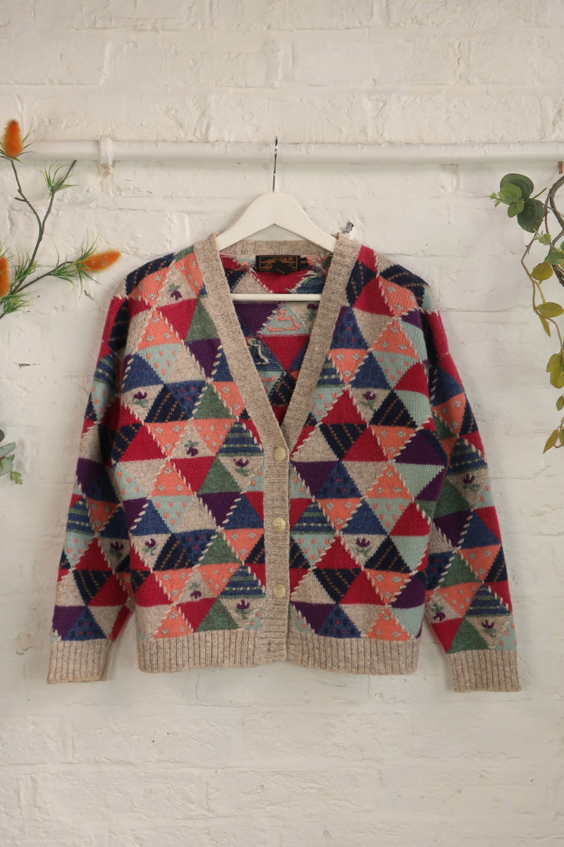 Vintage Knit Cardigan - Pastel Stitched Bunting - Size M