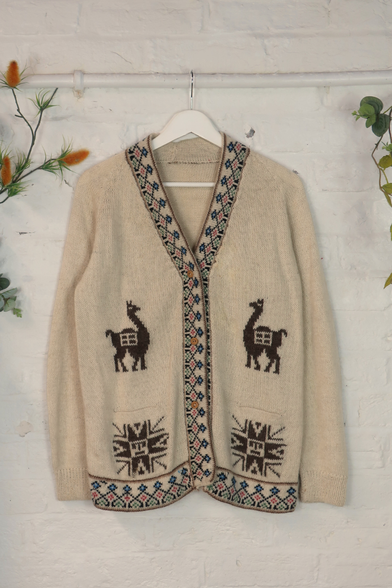 Vintage Knit Cardigan - Floral Alpaca Tapestry - Size M